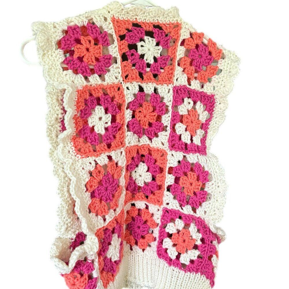 Vest Women S/M Granny Square Pink Orange White Crochet Light Spring - Picture 2 of 13